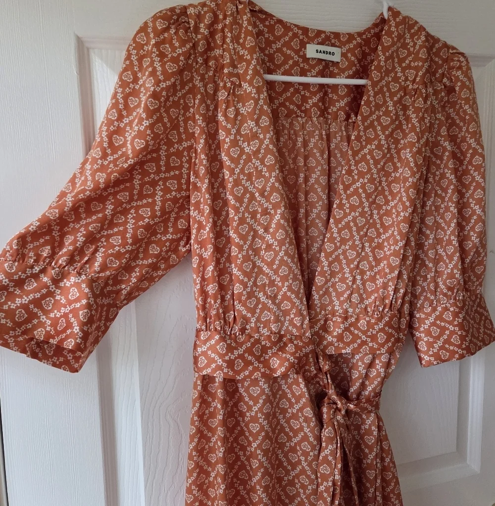 SANDRO Enrika Puff Sleeve Wrap Dress S Heart Print Orange $415 Romantic Luxury - Picture 11 of 12
